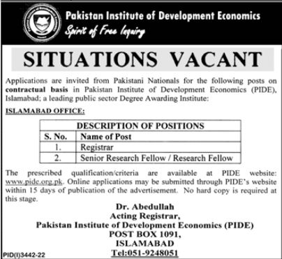PIDE Jobs 2022 | Pakistan Institute of Development Economics Headquarters Announced Latest Hiring