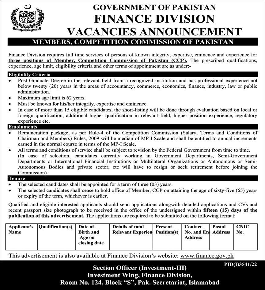 Finance Division Jobs 2022 | Competition Commission of Pakistan  Headquarters Announced Latest Hiring