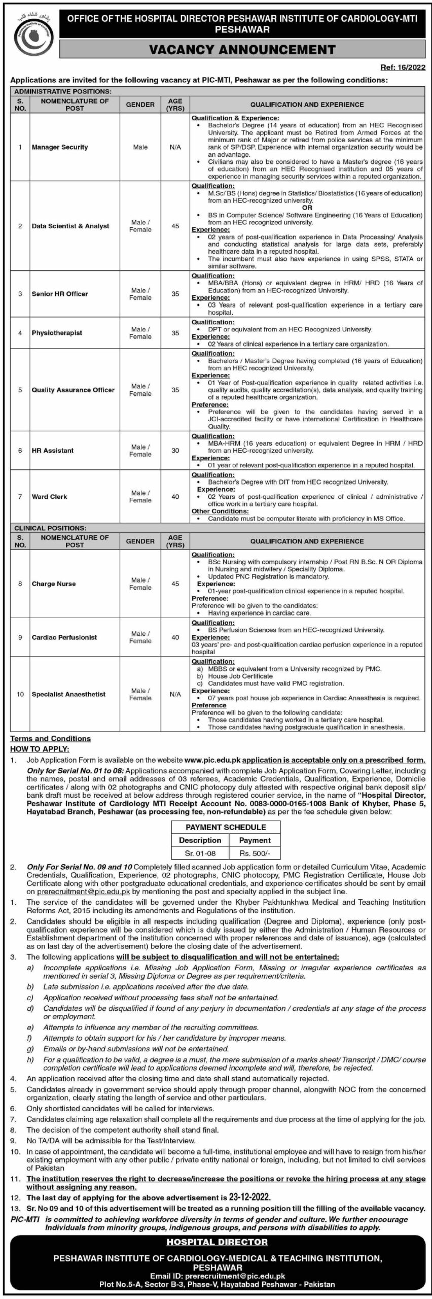 PIC Jobs 2022 | Peshawar Institute of Cardiology Headquarters Announced Latest Hiring