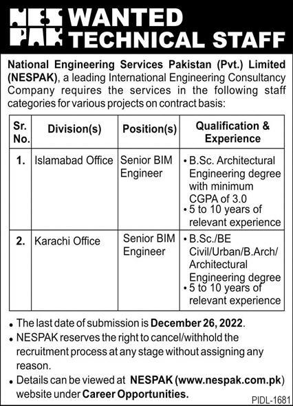 NESPAK Jobs 2022 | National Engineering Services Pakistan Headquarters Announced Latest Hiring