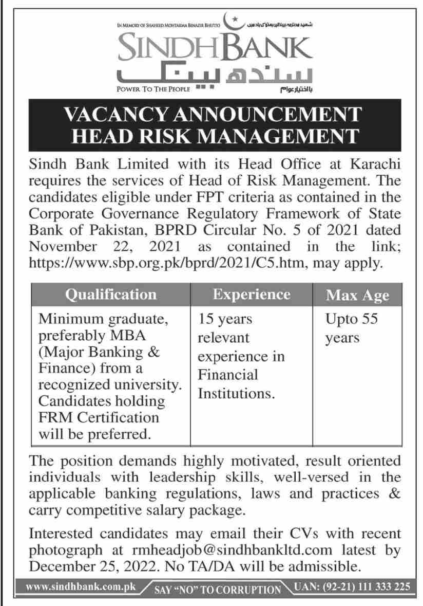 Banking Jobs 2022 | Sindh Bank Limited Headquarters Announced Latest Hiring