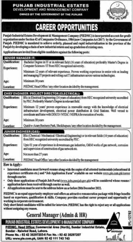 PIEDMC Jobs 2022 | Punjab Industrial Estates Development and Management Company Headquarters Announced Latest Hiring