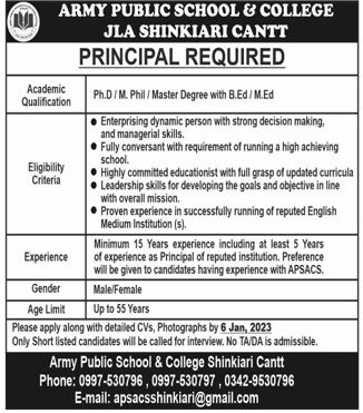 APS Jobs 2023 | Army Public School & College Headquarters Announced Latest Recruitments