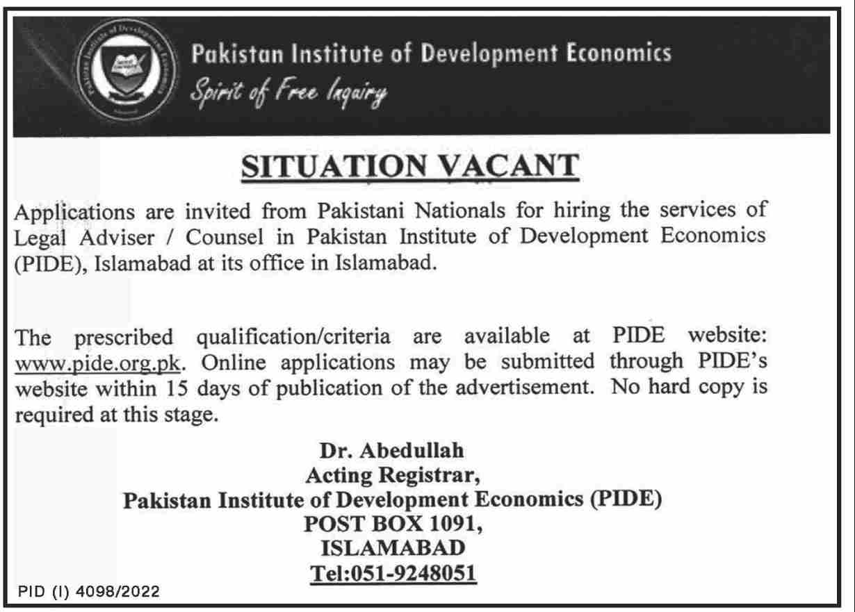 PIDE Jobs 2023 | Pakistan Institute of Development Economics Headquarters Announced Latest Recruitments