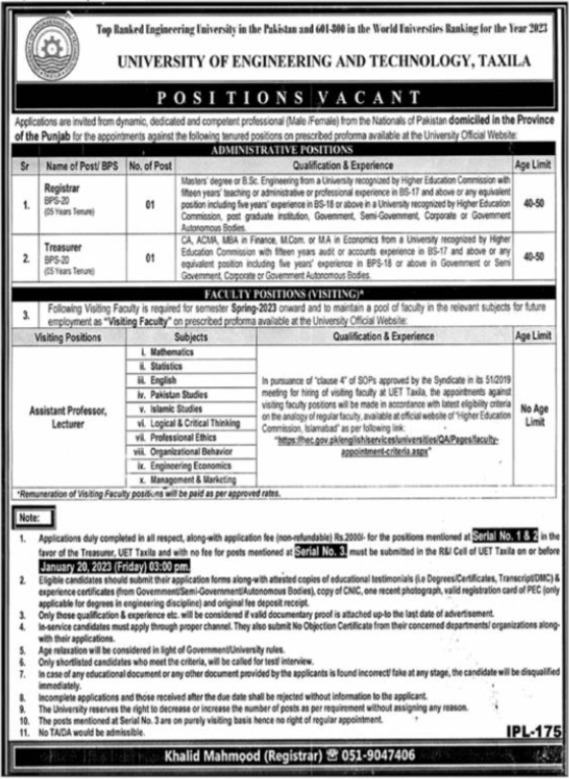 Latest UET Jobs 2023 | University of Engineering and Technology Headquarters Announced Latest Recruitments