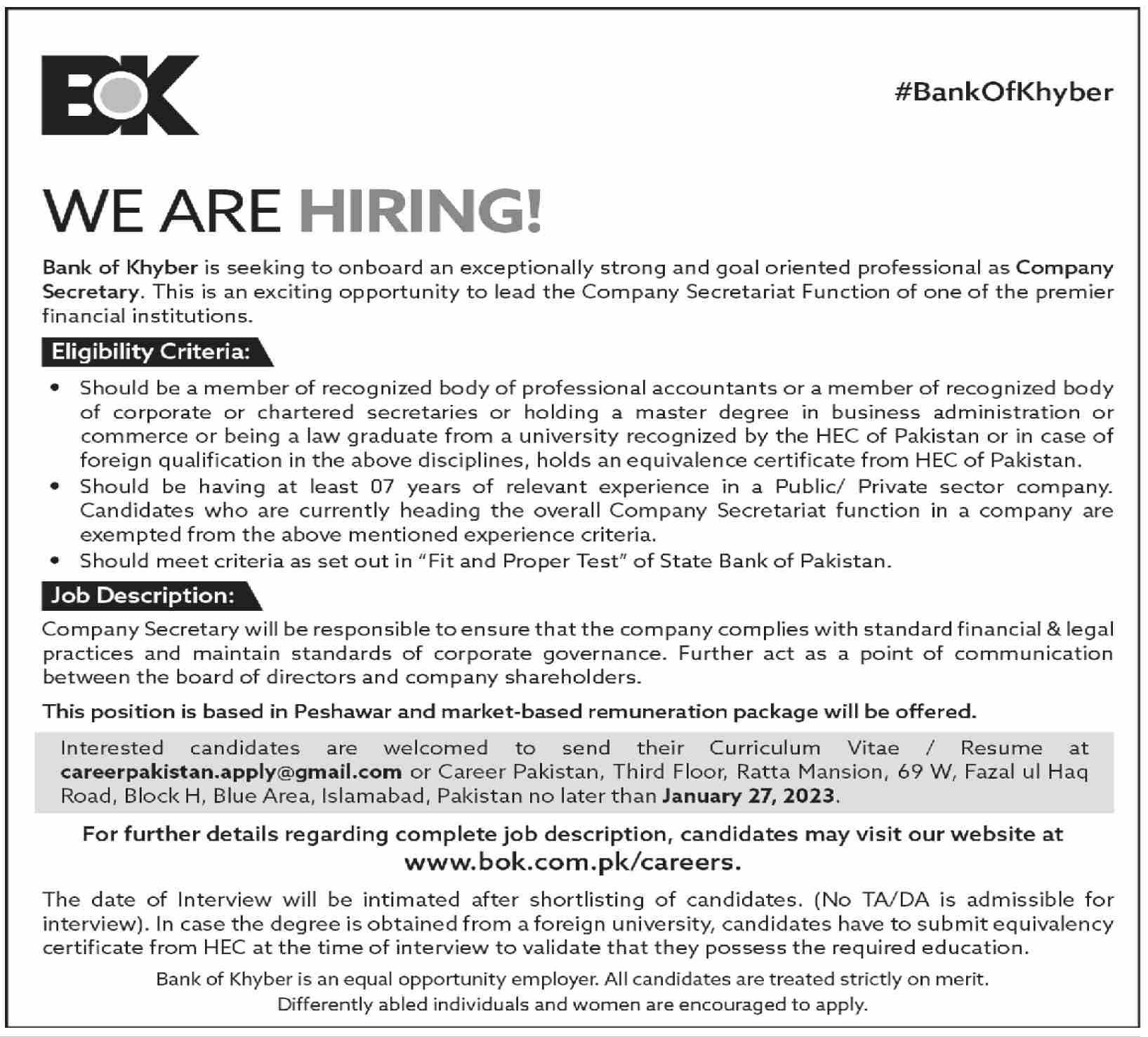 Latest BOK Jobs 2023 | Bank of Khyber Headquarters Announced Latest Recruitments