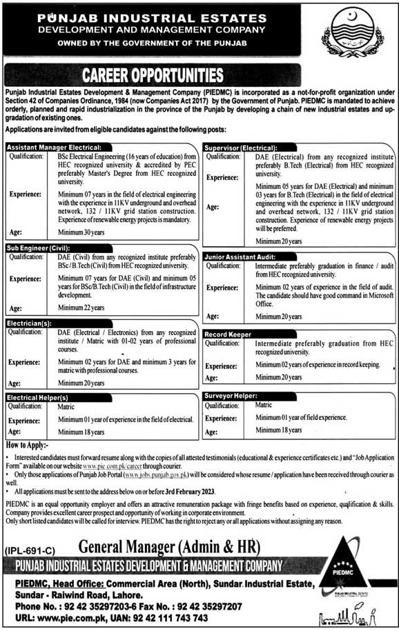 Latest PIEDMC Jobs 2023 |  Punjab Industrial Estates Development and Management Company Headquarters Announced Latest Recruitments