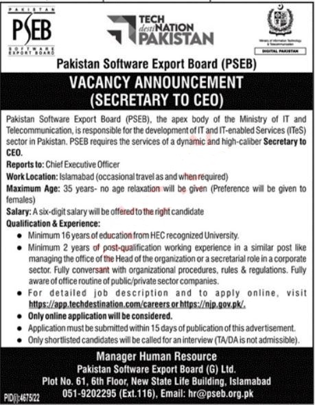 Latest Pakistan Software Export Board PSEB Jobs 2023