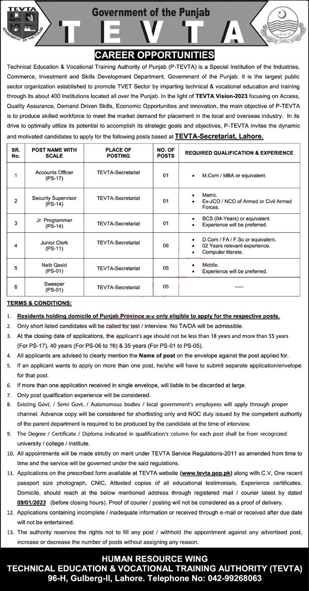 Latest TEVTA Jobs 2023  | Technical Education and Vocational Training Authority Headquarters Announced Latest Recruitments