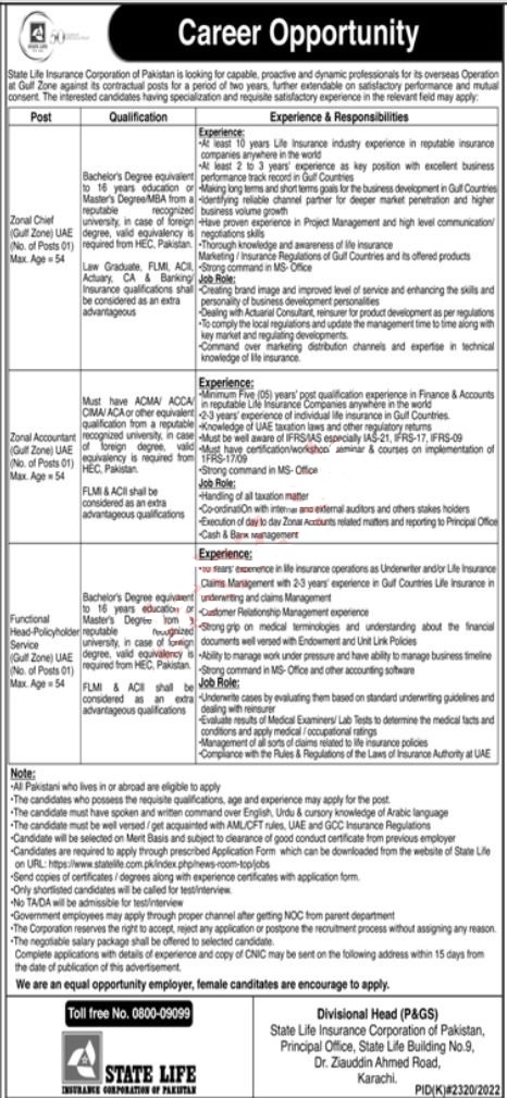 SLI Jobs 2023 | State Life Insurance Corporation of Pakistan Headquarters Announced Latest Recruitments