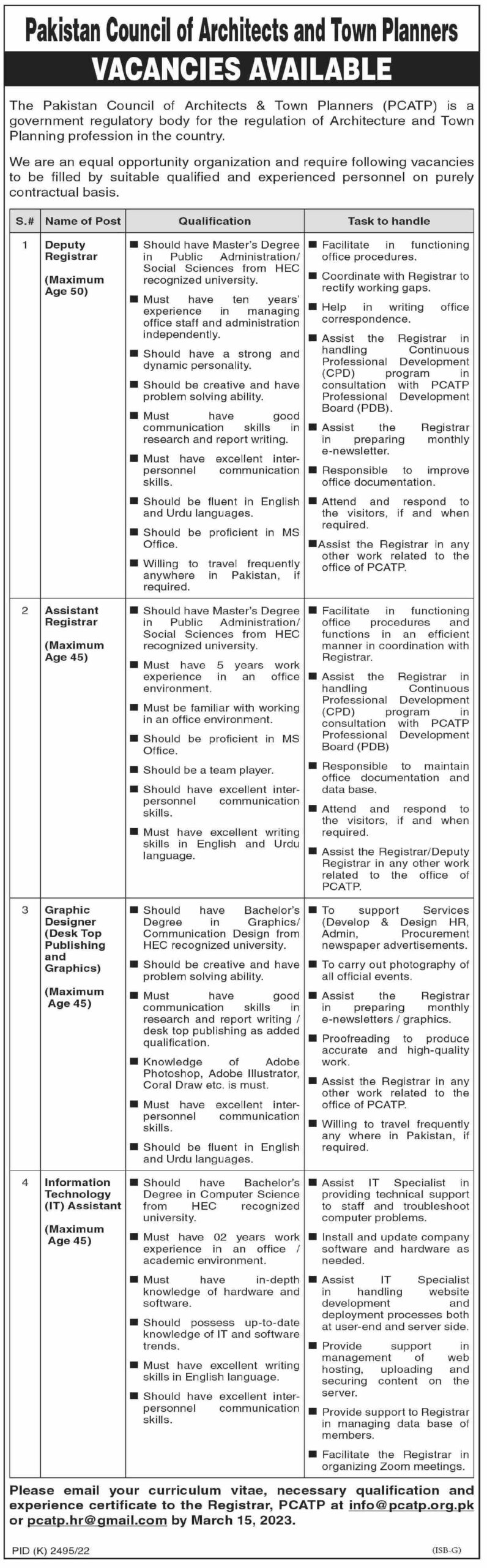 PCATP Jobs 2023 | Pakistan Council of Architects & Town Planners Head Office Announced Latest Recruitments