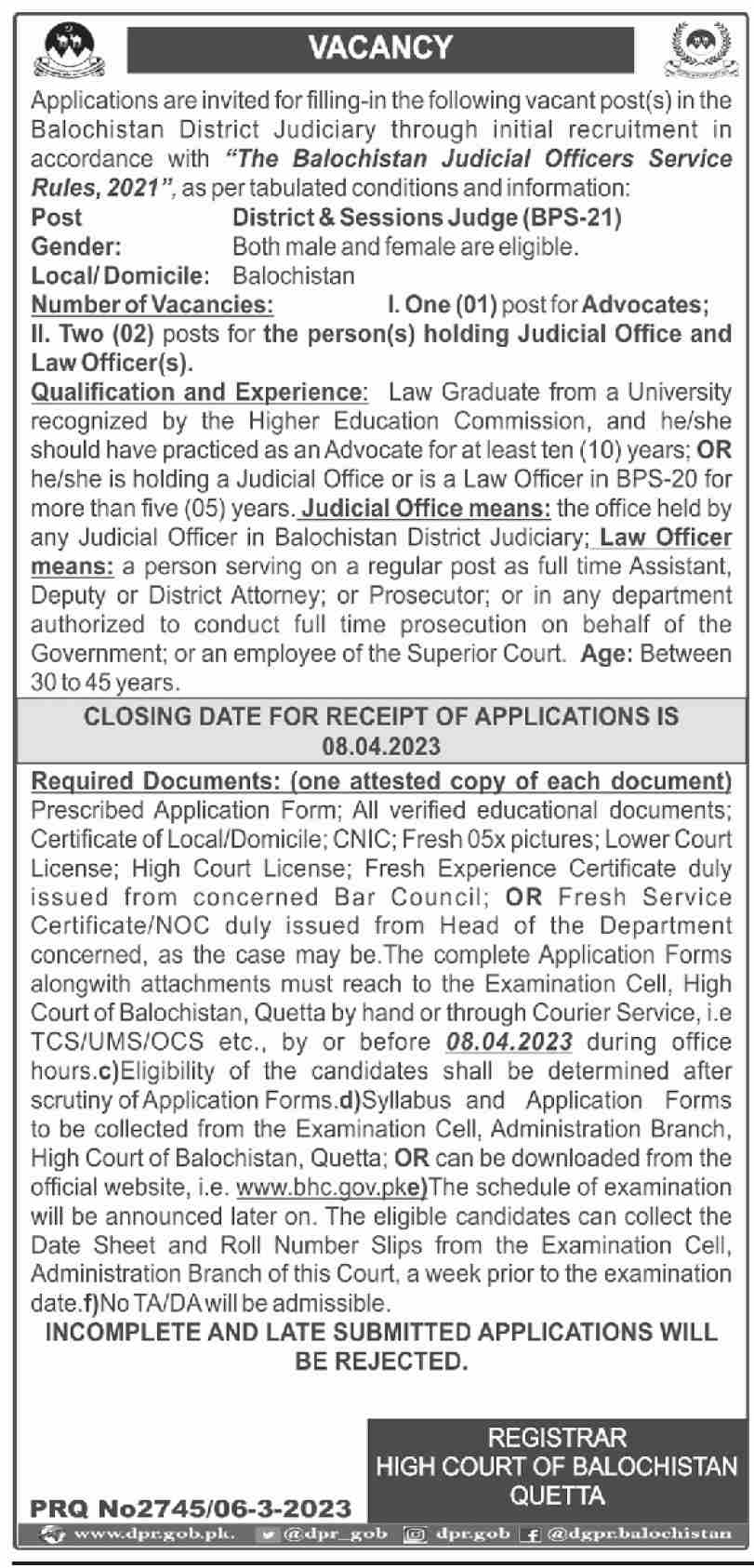 BHC High Court of Balochistan Head Office Announced Latest Recruitments 2023