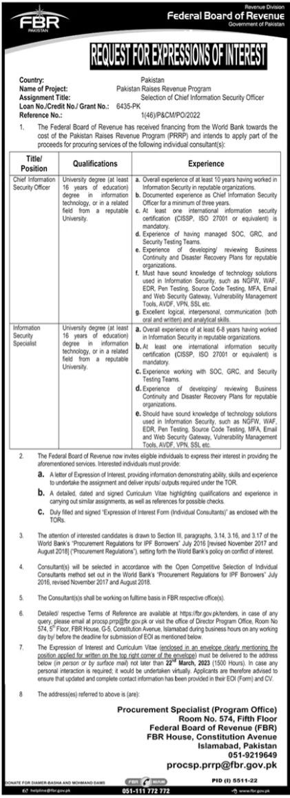 FBR Federal Board of Revenue Head Office Announced Latest Recruitments 2023