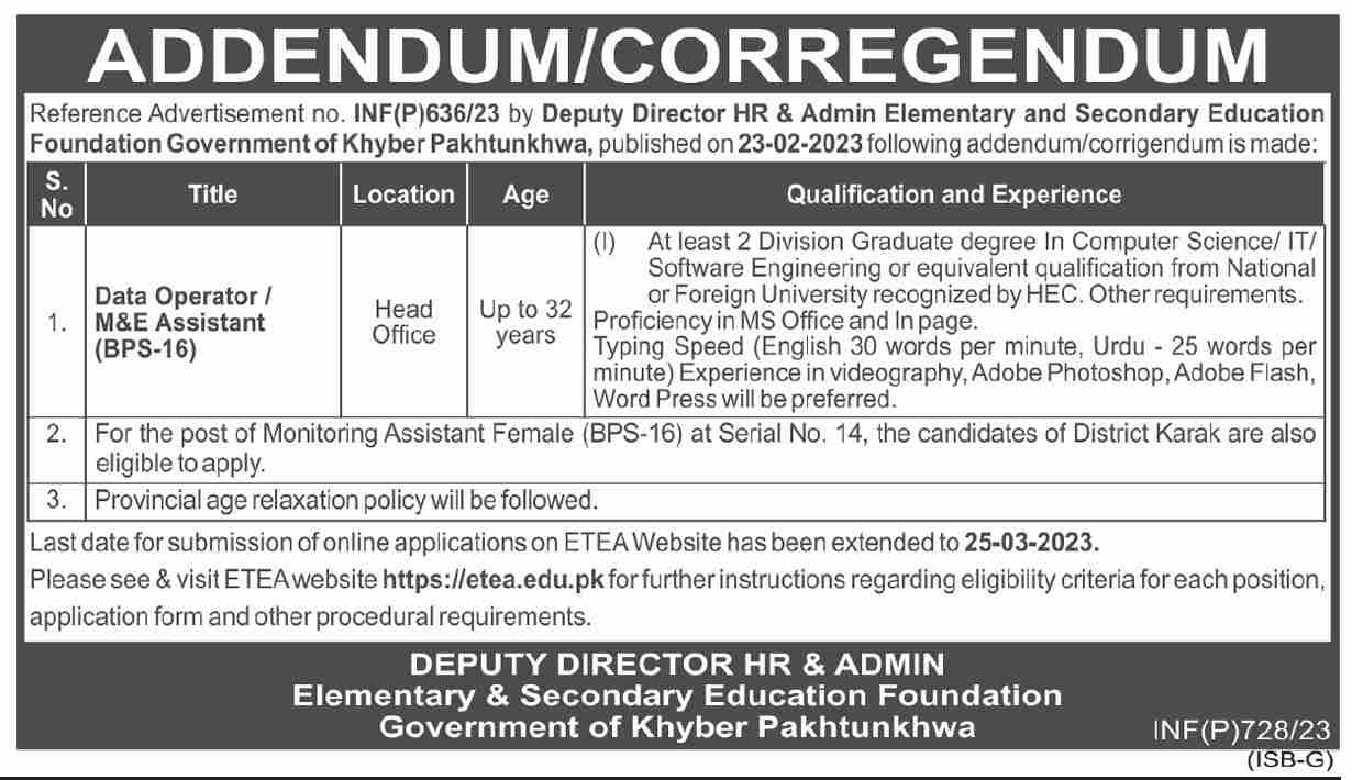 ESED Elementary and Secondary Education Department Head Office Announced Latest Jobs 2023