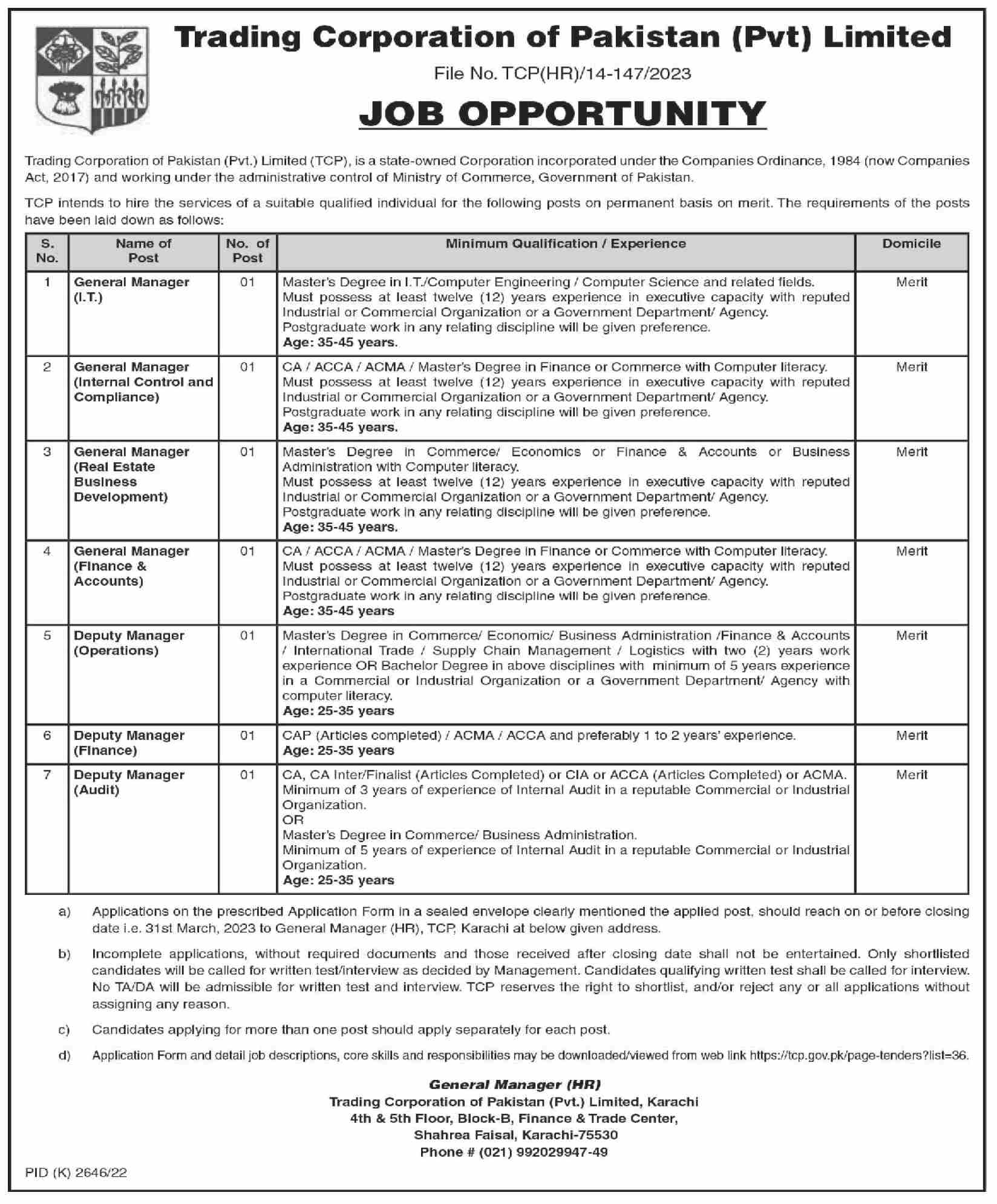 Trading Corporation of Pakistan Limited Head Office Announced Latest Jobs 2023