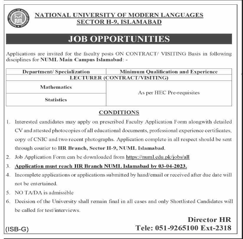 National University of Modern Languages NUML Headquarters Announced Latest Recruitments