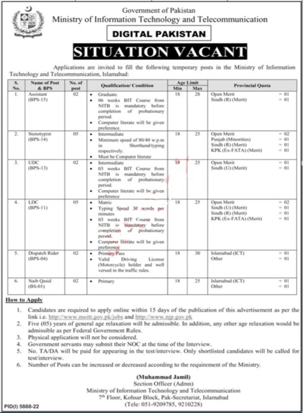 MOIT Jobs 2023 | Ministry of Information Technology & Telecommunication Head Office Announced Latest Recruitments Jobs