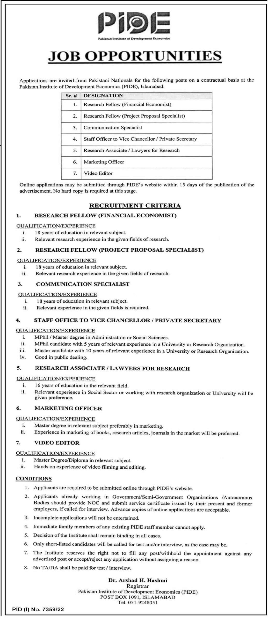 latest Pakistan Institute of Development Economics PIDE Jobs 2023