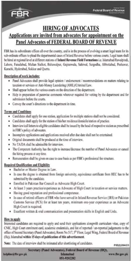 latest Federal Board of Revenue FBR Jobs 2023