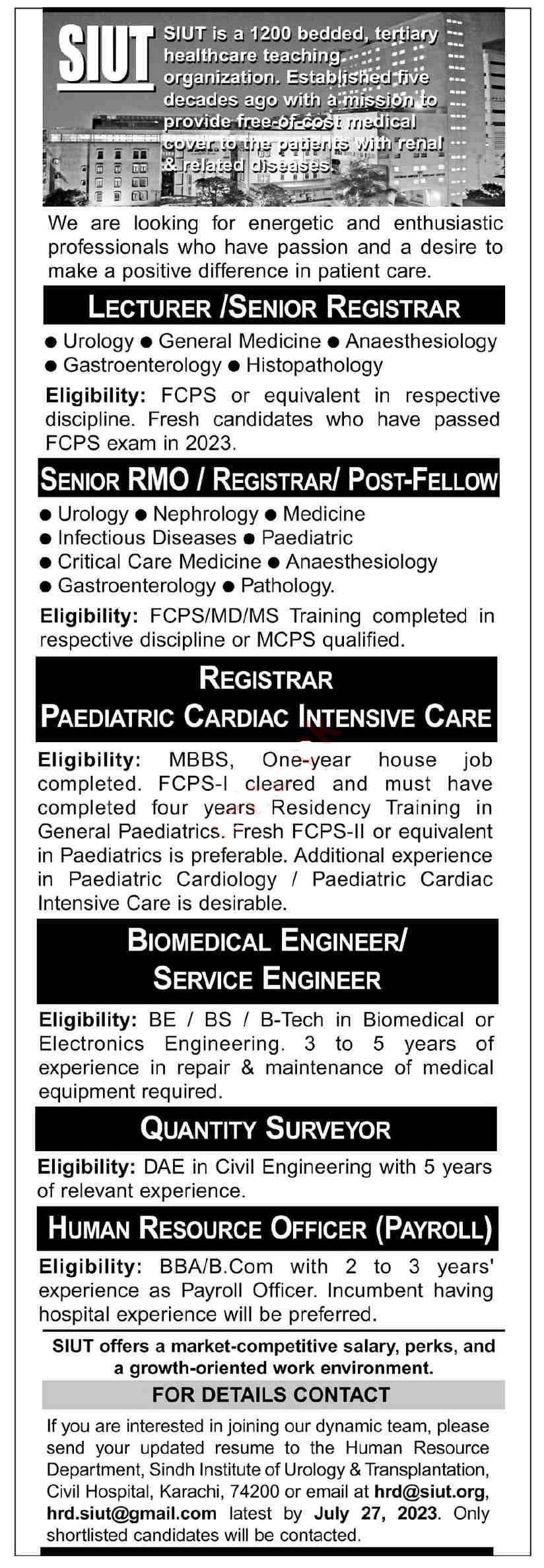 latest Sindh Institute of Urology and Transplantation SIUT Jobs 