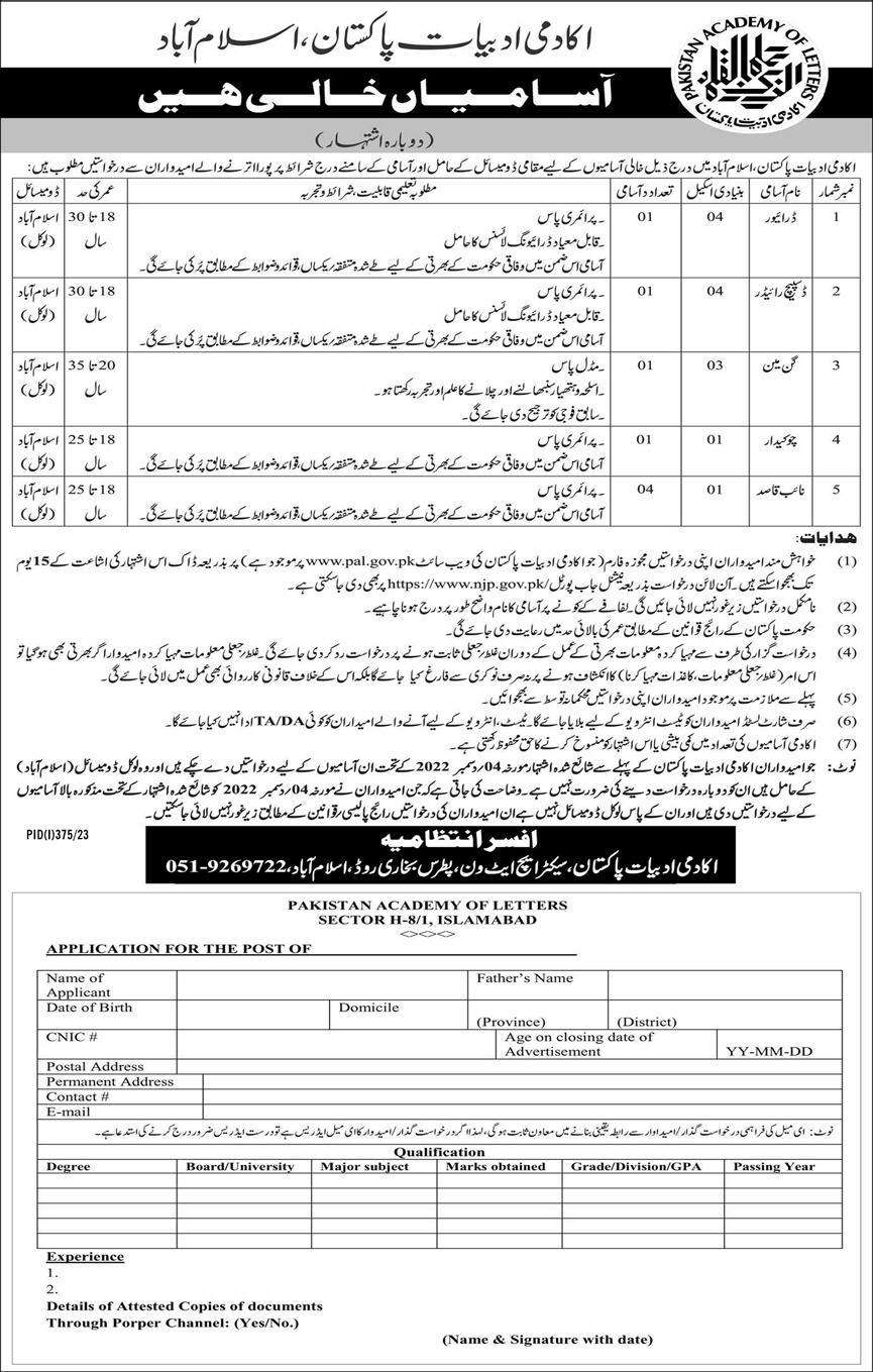 latest Pakistan Academy of Letters PAL Jobs 2023
