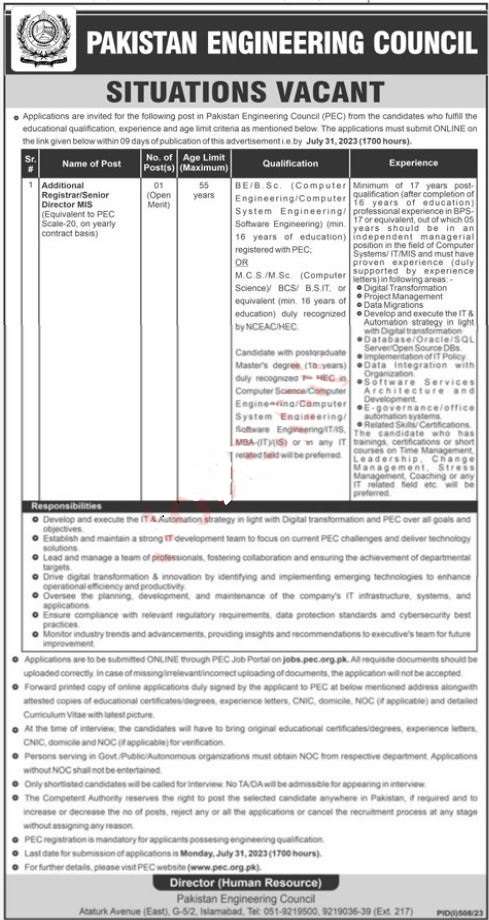 latest Pakistan Engineering Council PEC Jobs 2023