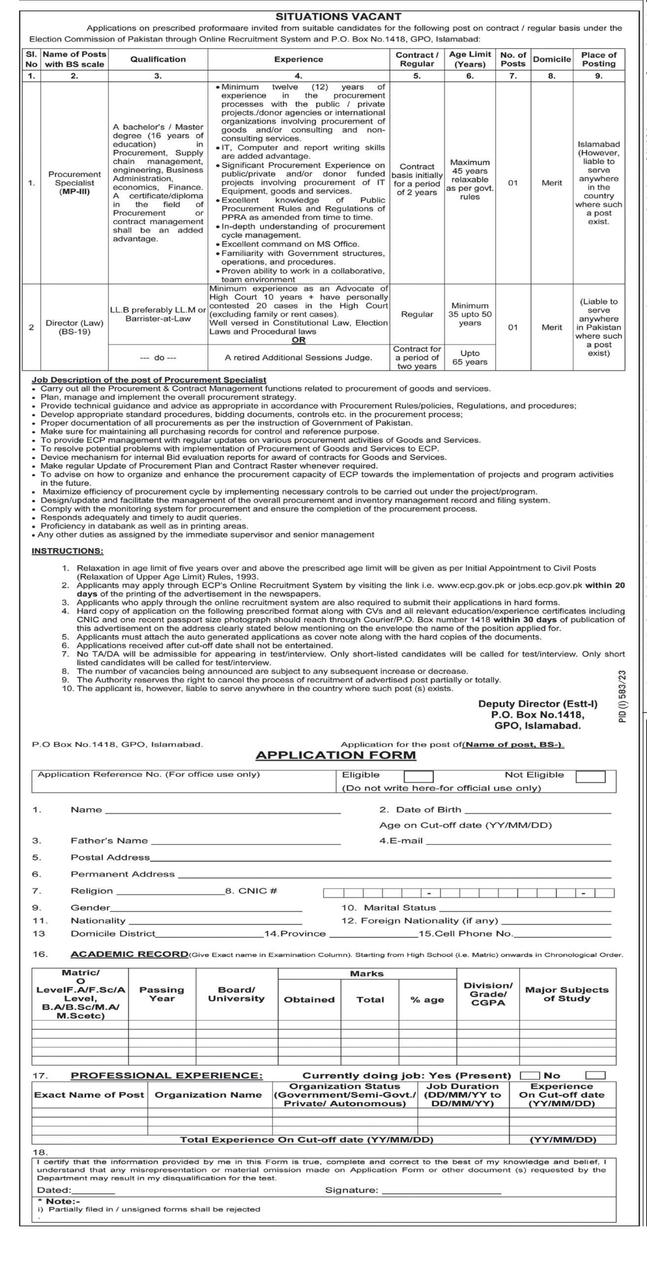 latest Election Commission of Pakistan ECP Jobs 2023
