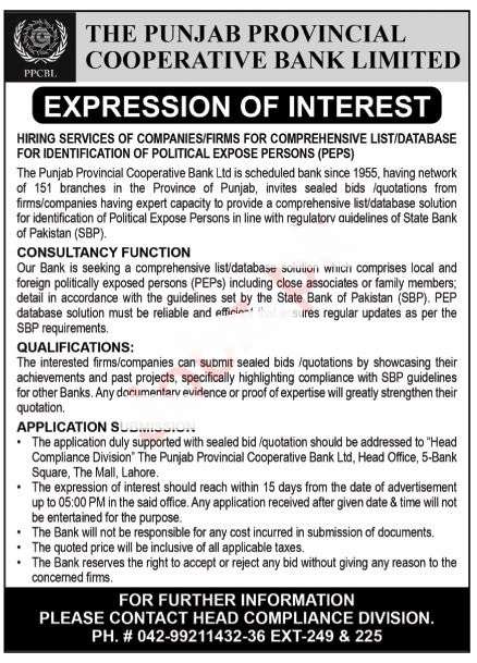 Punjab Provincial Cooperative Bank Limited jobs