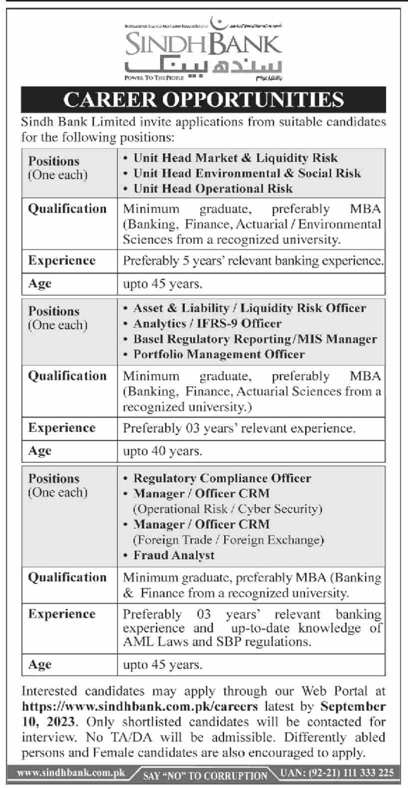 latest Sindh Bank Limited Jobs 2023