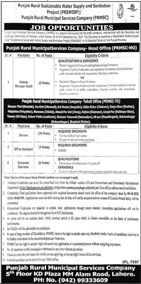 Latest PRMSC Jobs 2023 | Punjab Rural Municipal Services Company Jobs 