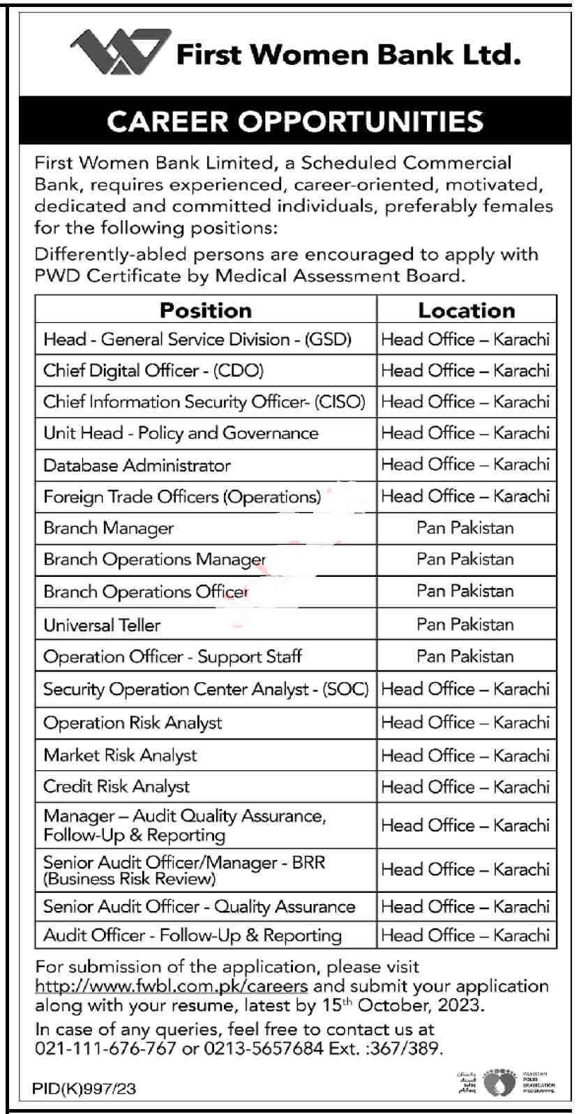 Latest Banking Jobs 2023 | First Women Bank Limited Jobs 