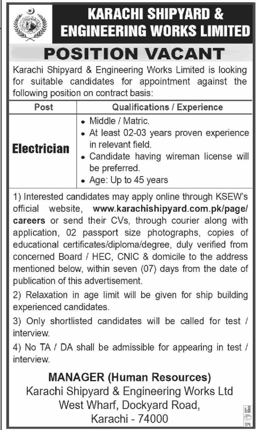 latest Karachi Shipyard and Engineering Works Limited Jobs 2023