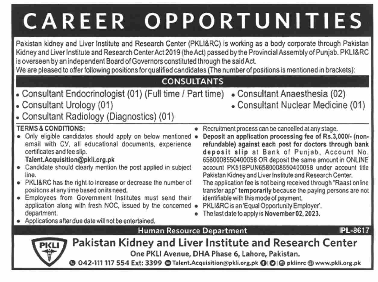 Latest PKLI Jobs | Jobs at Pakistan Kidney And Liver Institute And Research Centre 