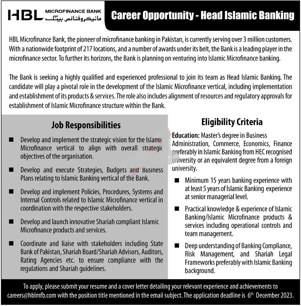 Apply Online for HABIB Bank Limited HBL Jobs