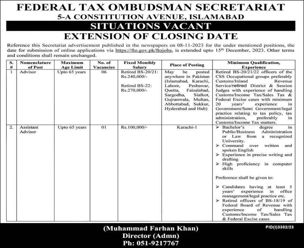 latest Federal Tax Ombudsman Secretariat job Jobs 2023