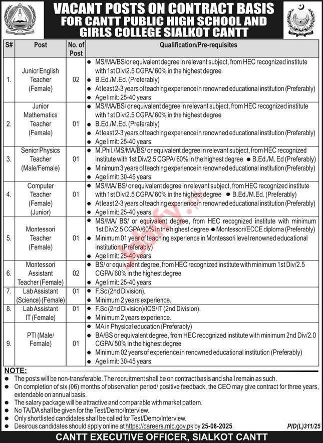 Cantt Public High School and Girls College Sialkot Cantt Jobs 2025 – Contract-Based Teaching & Staff Positions
