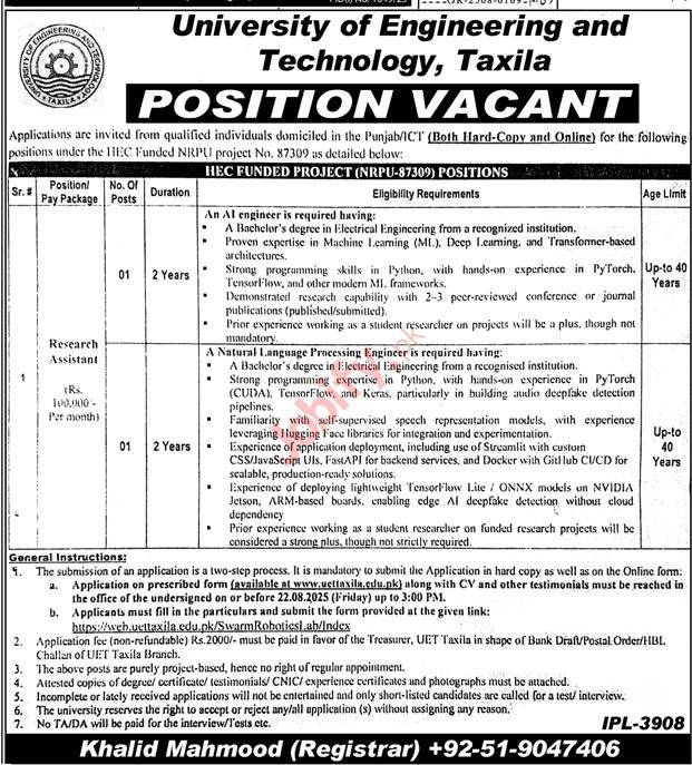Research Assistant Jobs 2025 at UET Taxila – NRPU Project – Rs. 100,000 Monthly – Apply Now!