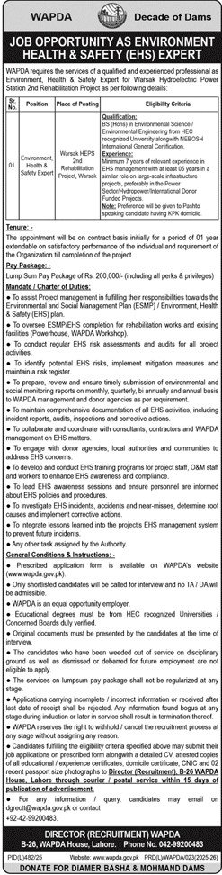 WAPDA Jobs — Environment, Health & Safety (EHS) Expert for Warsak HEP Rehabilitation | Lahore