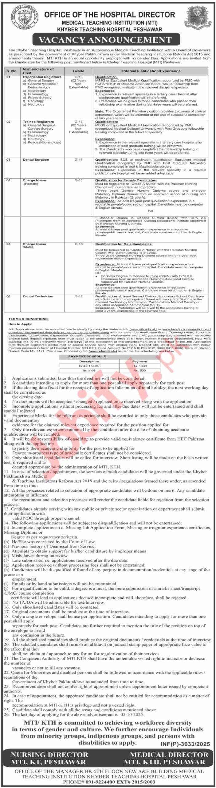 Experiential Registrars, Trainee Registrars, Charge Nurses (Male & Female) & Dental Technician — Khyber Teaching Hospital (MTI) Peshawar